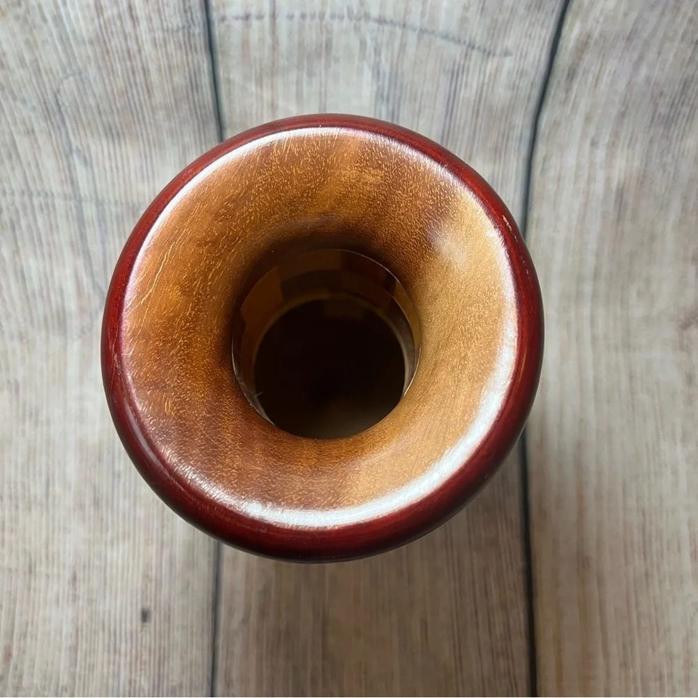 VTG Handcrafted Natural Wood Tones‎ Checkered Vase 9” Segmented Turned Wood Boho